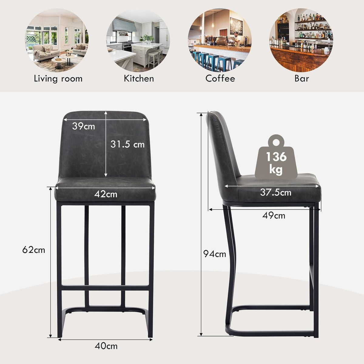 Barhocker Set 4 Grau – Gepolsterte Tresenstühle mit Metallbein