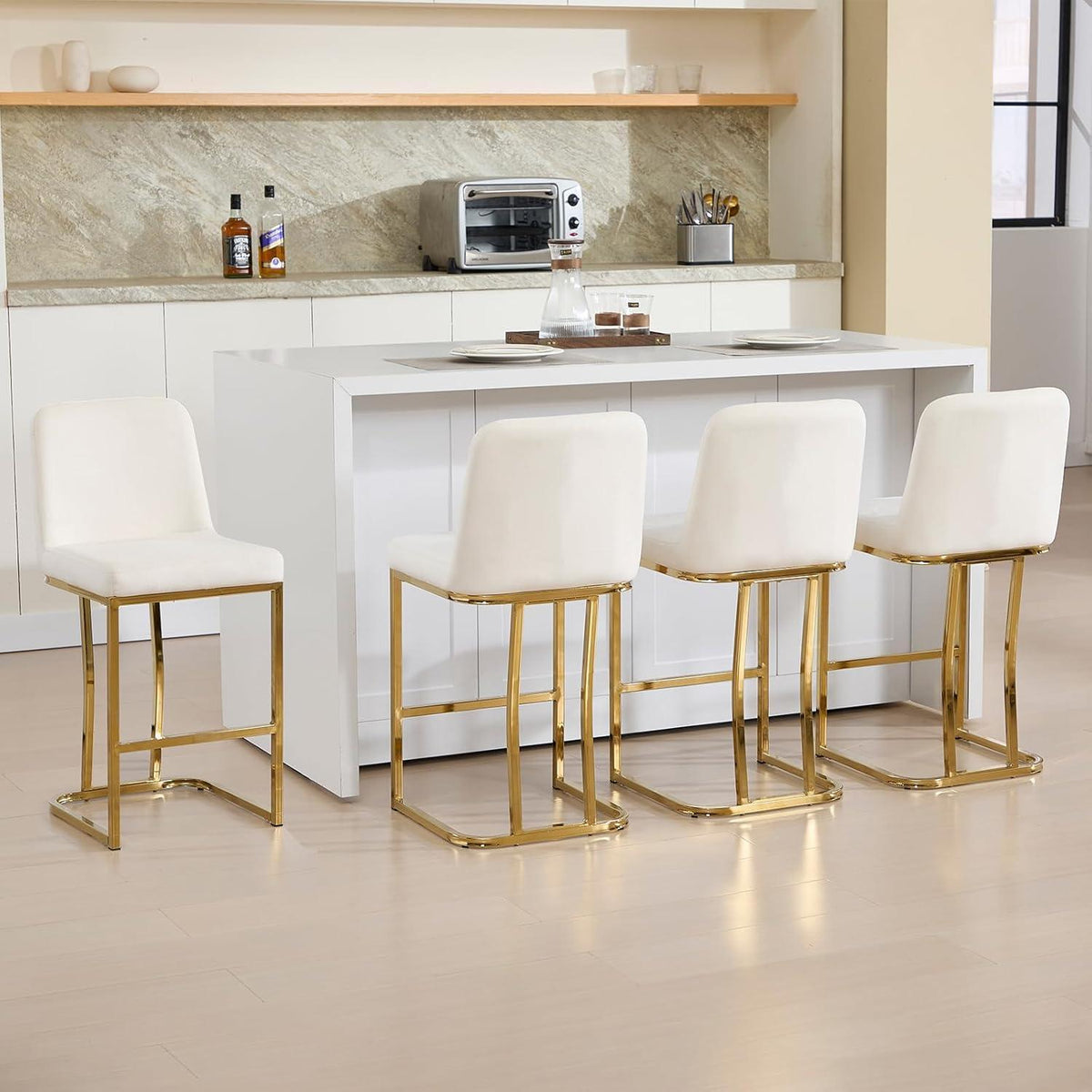 Barhocker Set 4er – Samt, Goldbein, Weiß
