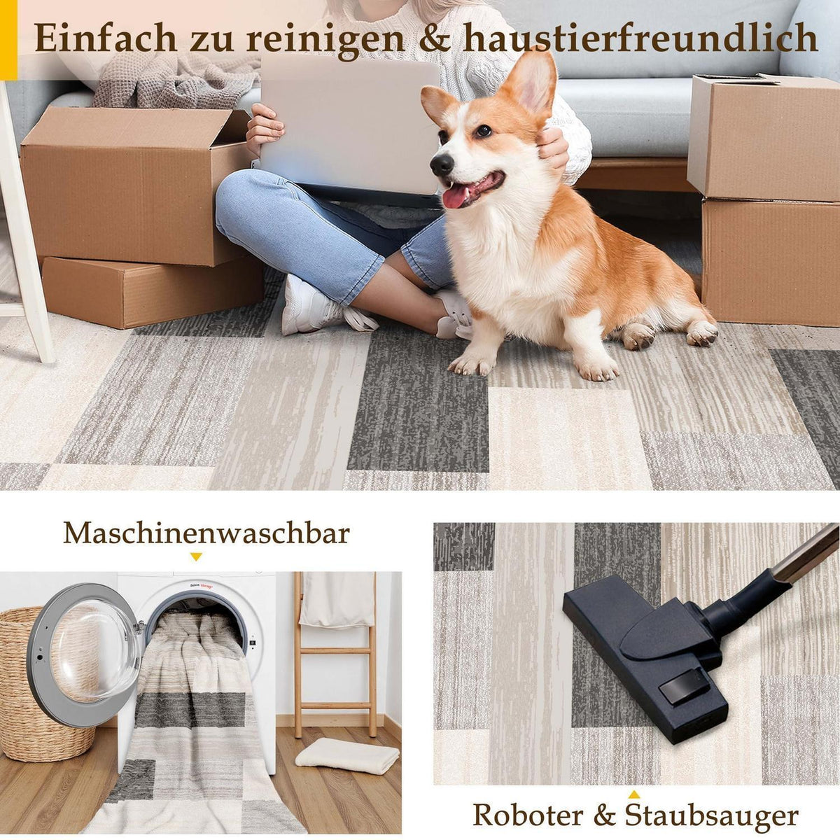 Waschbarer Teppich Beige 160x230cm – Modern & Flauschig