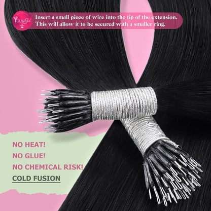 Echthaar Nano Ring Extensions Schwarz 60cm - 50g
