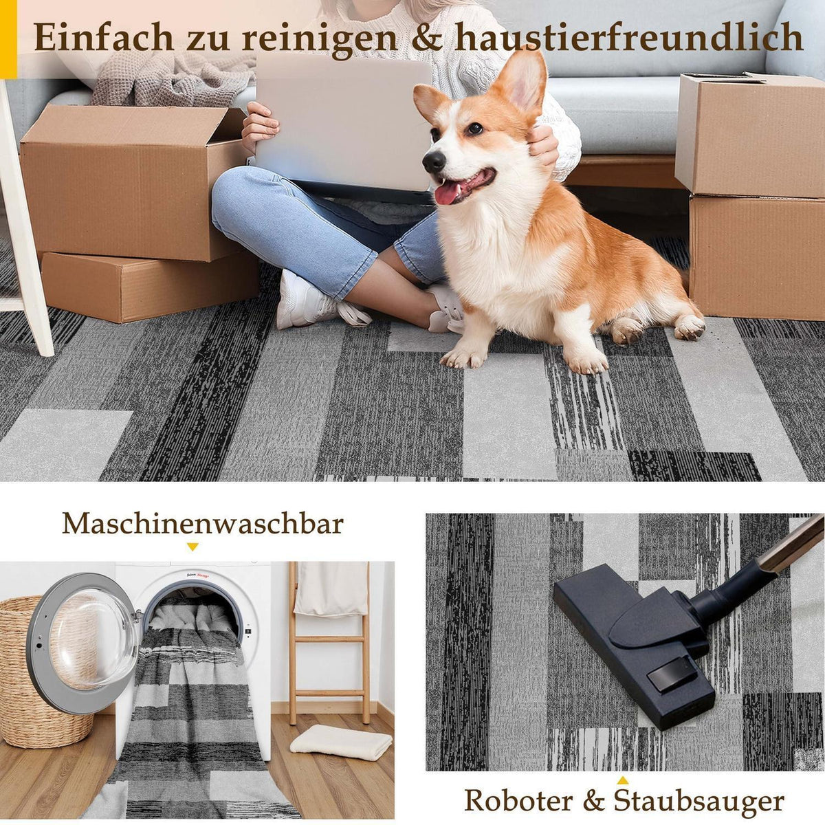 Waschbarer Teppich Schwarz 200x300cm – Modern & Pflegeleicht