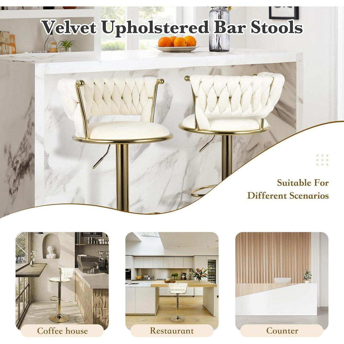Barhocker Set 4er – Höhenverstellbar, Geflochten, Gold/Beige
