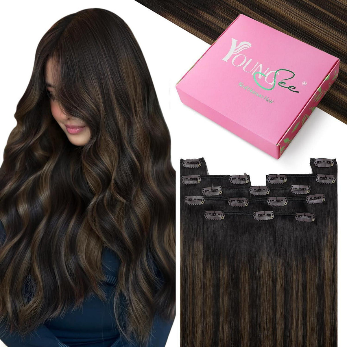 Echthaar Clip-in Extensions Ombre Braun 40cm