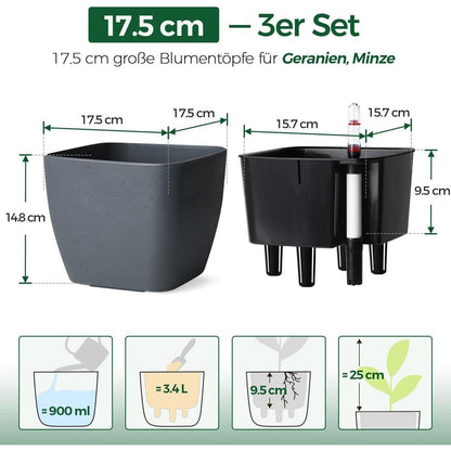 Selbstbewässerungstopf 17,5cm - Grau - 3er Set mit Wasseranzeige