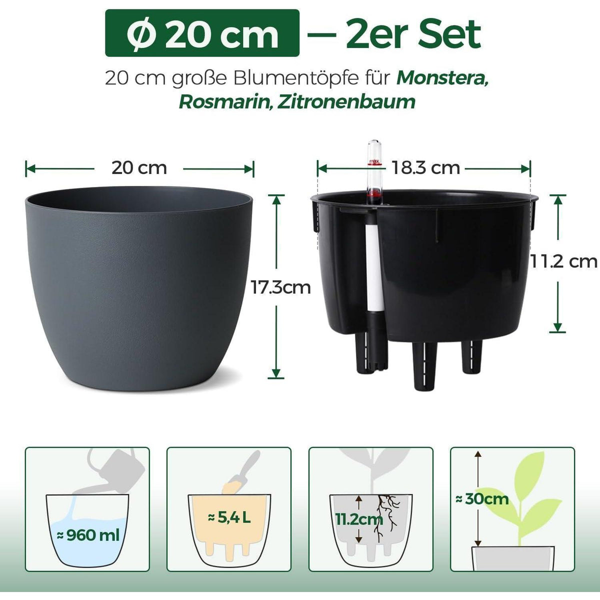 Selbstbewässerungstopf 20cm Grau mit Wasseranzeiger