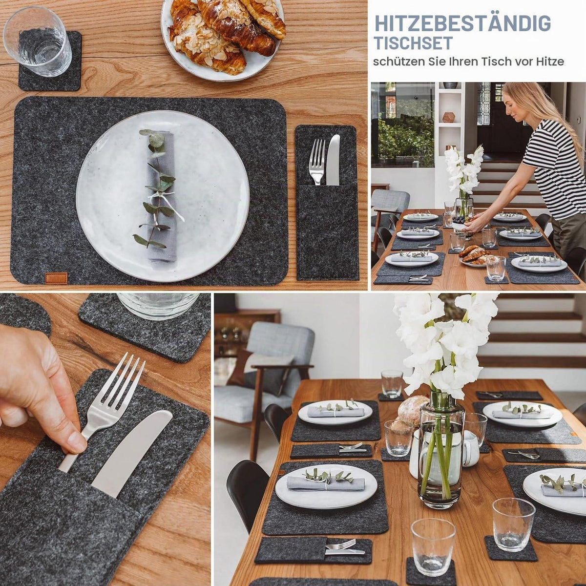 Filz Tischsets 24er Set – Anthrazit Platzdeckchen & Untersetzer