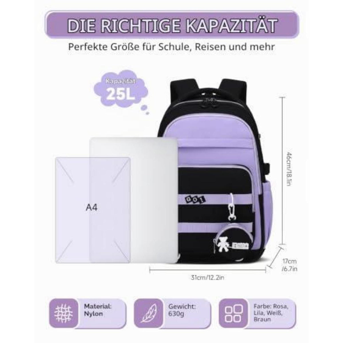Schulrucksack Mädchen 3.-9. Klasse Schwarz-Lila | Trolley-Kompatibel & Wasserdicht