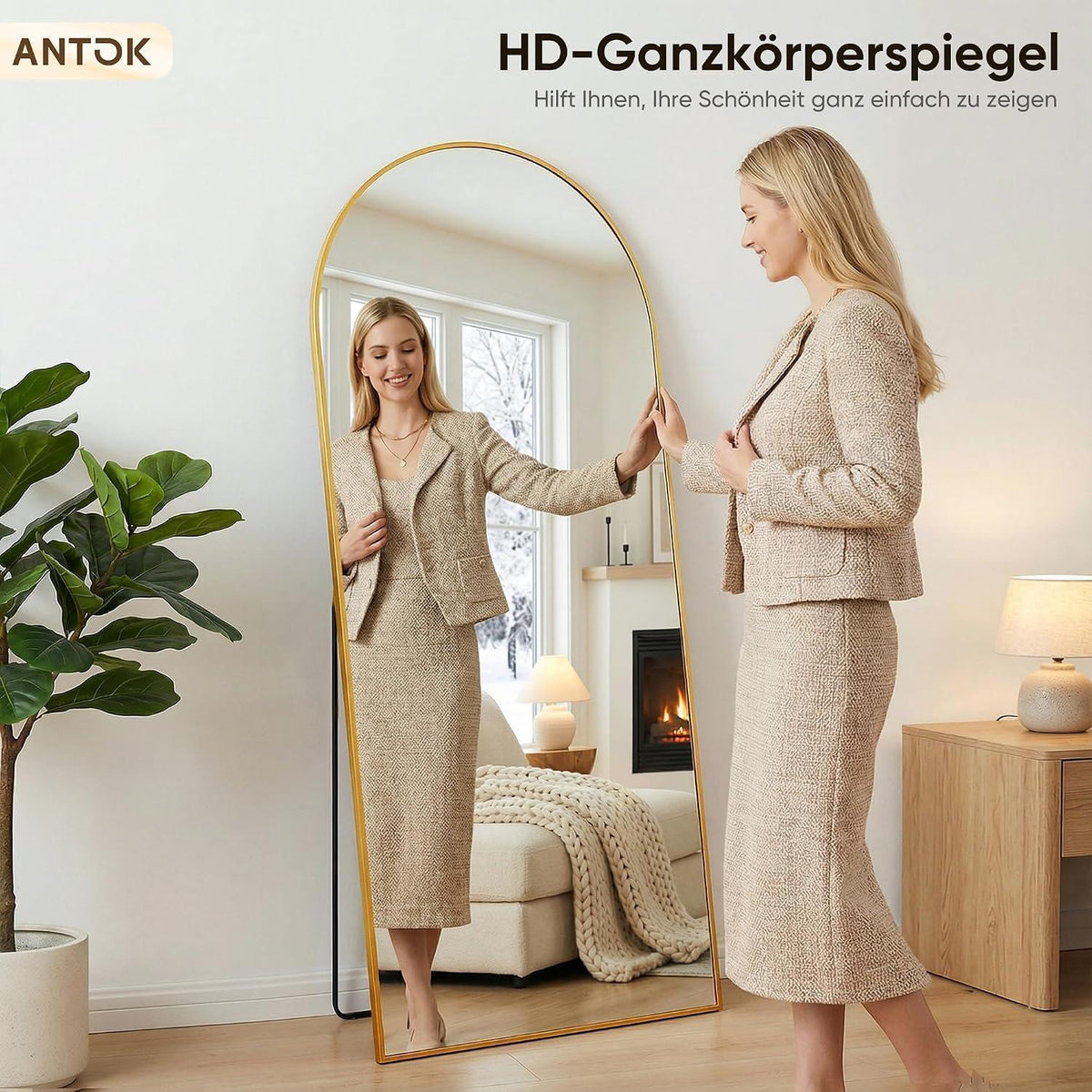 Ganzkörperspiegel gebogen, 180x68cm, Standspiegel Gold
