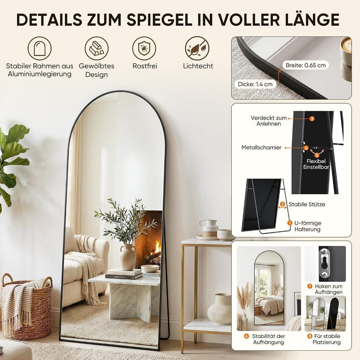 Ganzkörperspiegel gebogen 200x97cm – Standspiegel Schwarz