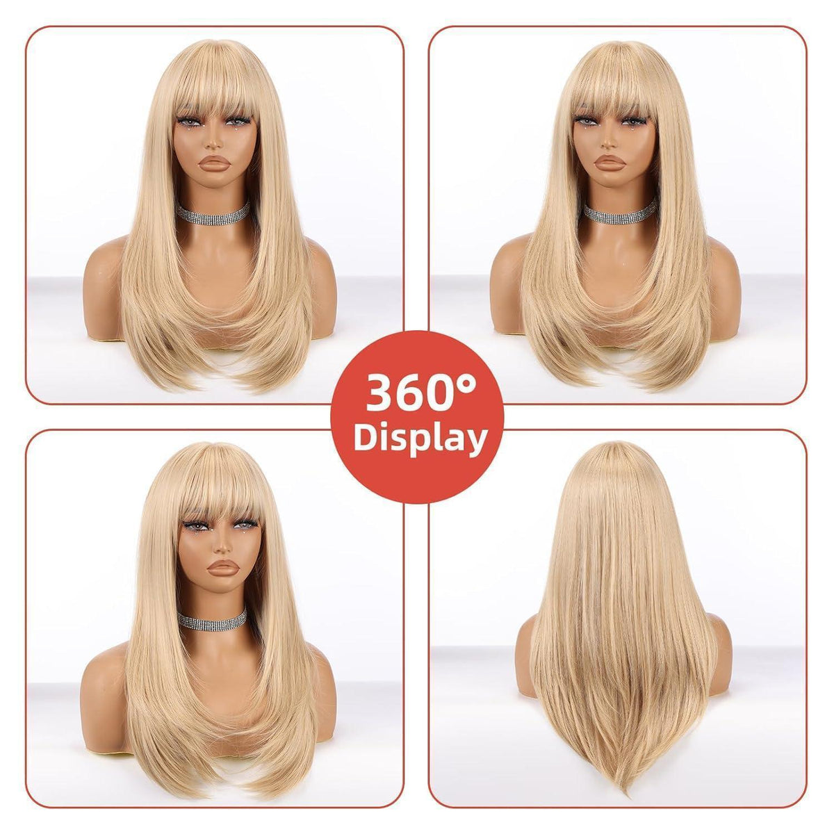 Lange blonde Perücke mit Pony – 22 Zoll, hitzebeständig