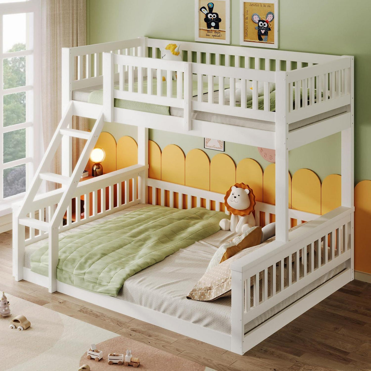 Oxtao Etagenbett 140x200 cm Hochbett mit Leiter und Rausfallschutz für 3 Kinder, Weiß, ohne Matratze