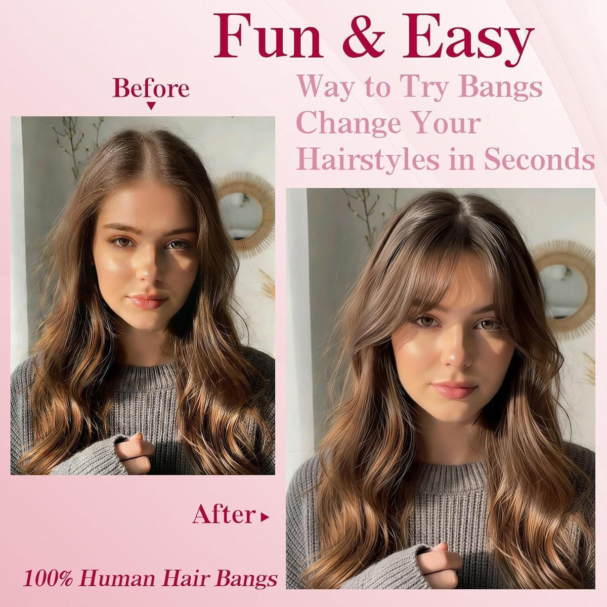 Clip-in Pony Echthaar – Curtain Bangs 1B Schwarz