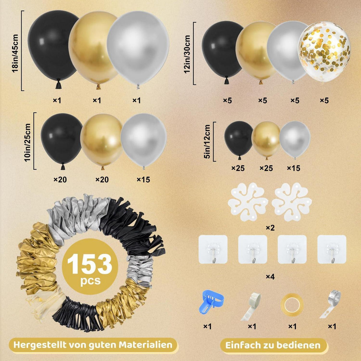 Schwarz Gold Ballons Girlande Set für Party & Deko