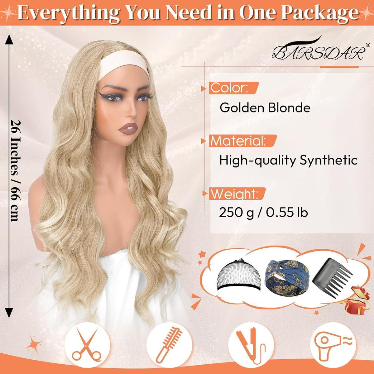 Goldblond Welle Stirnband Perücke – 66cm, Natürlicher Look