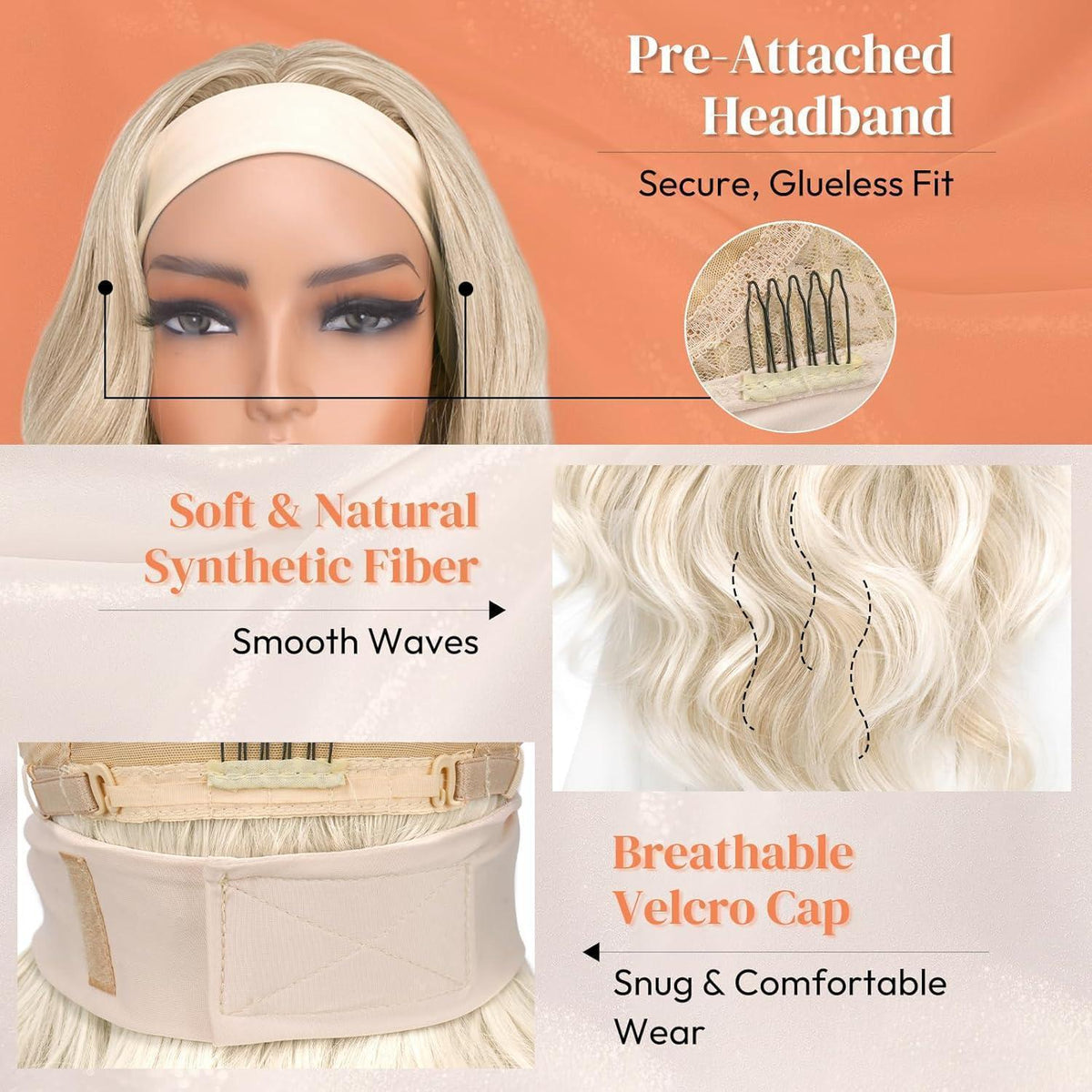 Goldblond Welle Stirnband Perücke – 66cm, Natürlicher Look