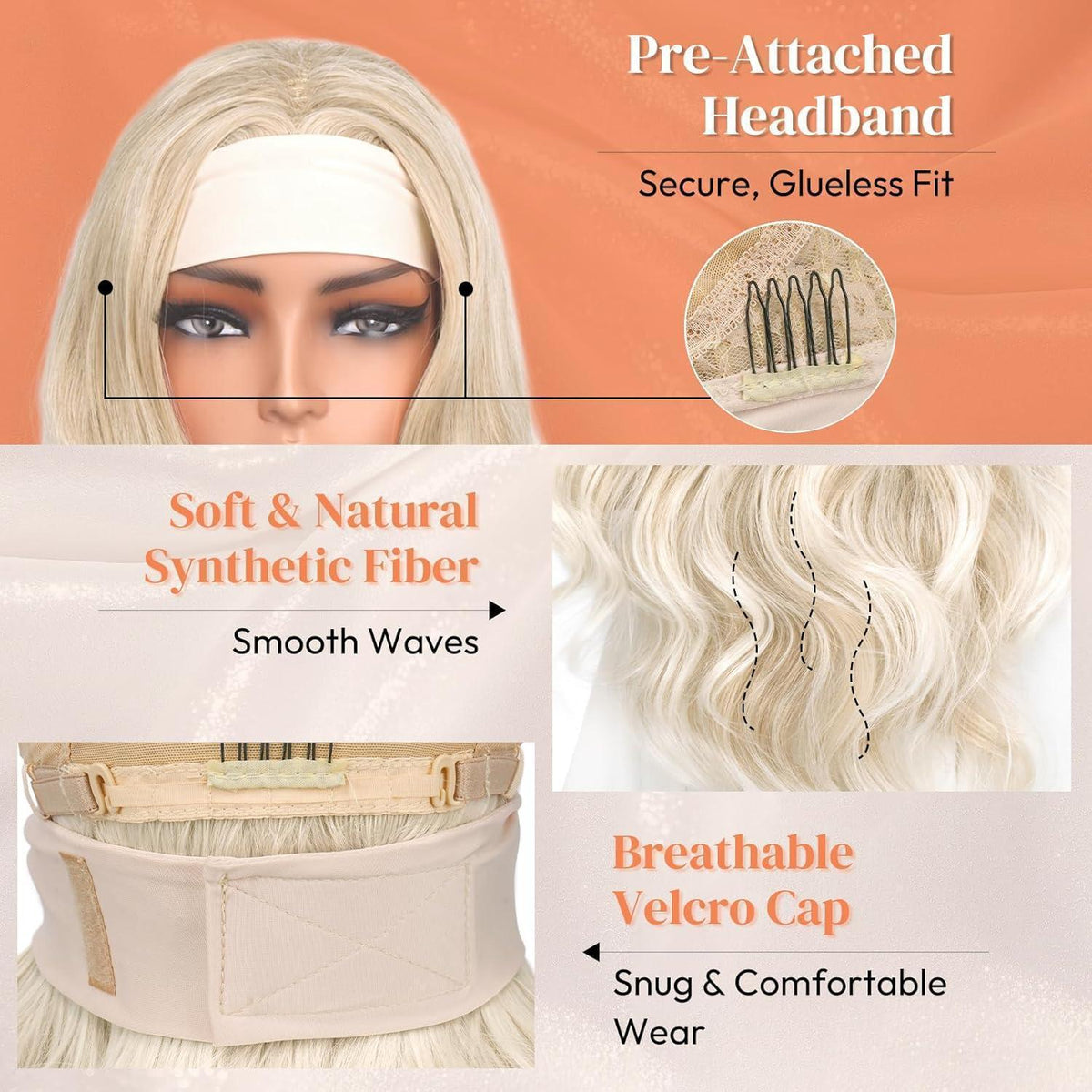 Blond gewellte Stirnband Perücke 66cm – Natürlicher Look