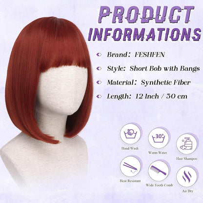 Kupferrote Bob Perücke mit Pony – 30cm Synthetik Perücke