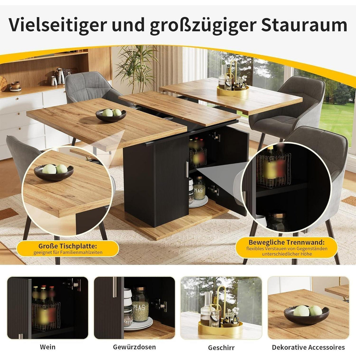Ausziehbarer Esstisch Holz mit Stauraum (110-140 x 70 cm)