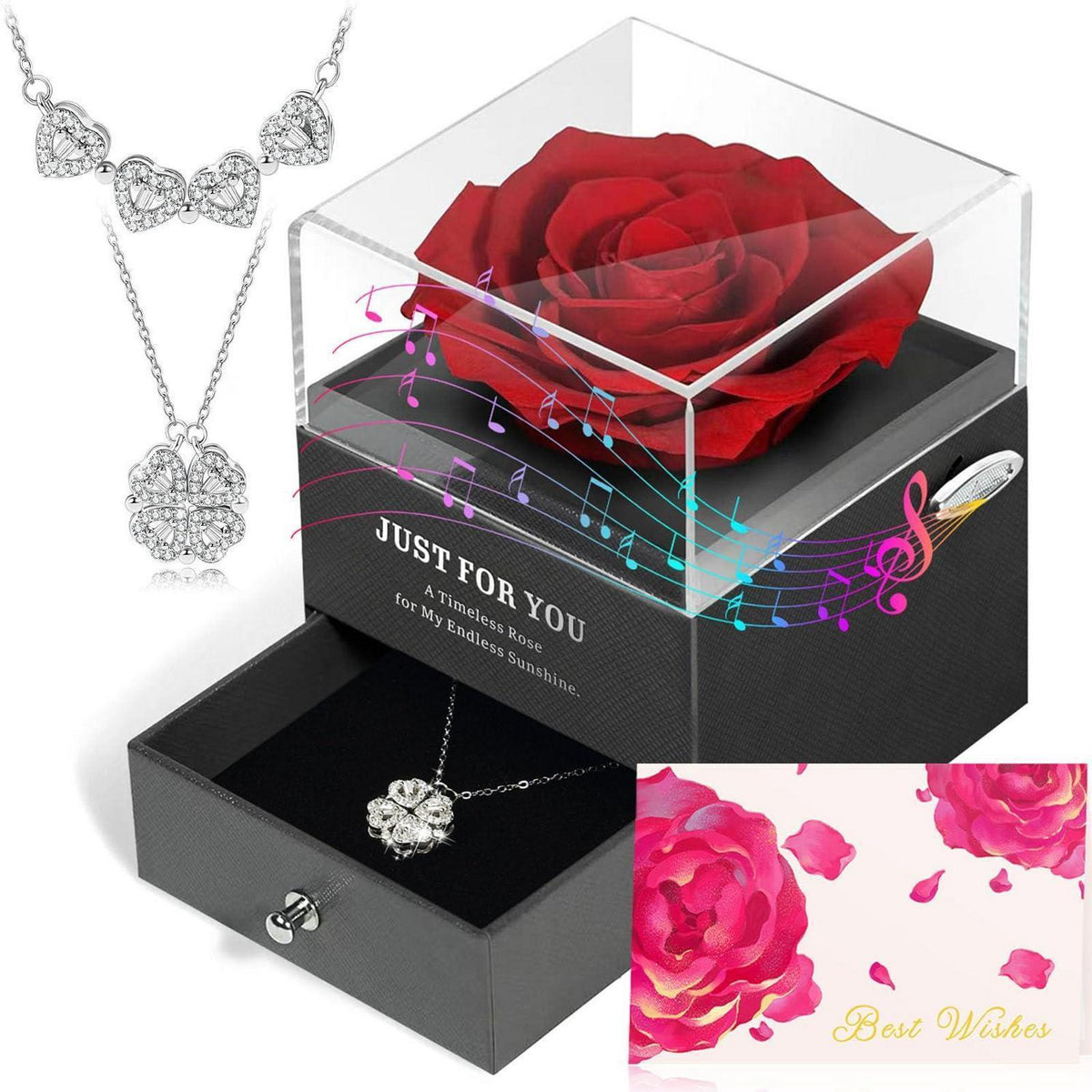 Ewige Rose Geschenkset mit Spieluhr & Kleeblatt Halskette Silber
