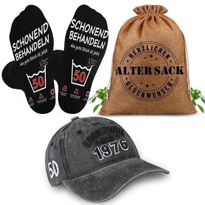 Geschenkset 50. Geburtstag Männer: Sack, Cap & Socken