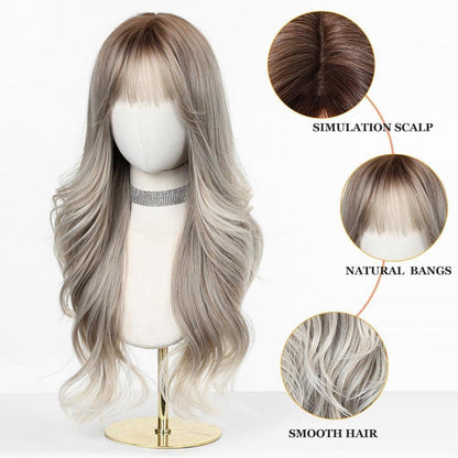 Lange blonde Wellenperücke mit Pony – Natürliches Synthetikhaar