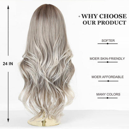 Lange blonde Wellenperücke mit Pony – Natürliches Synthetikhaar