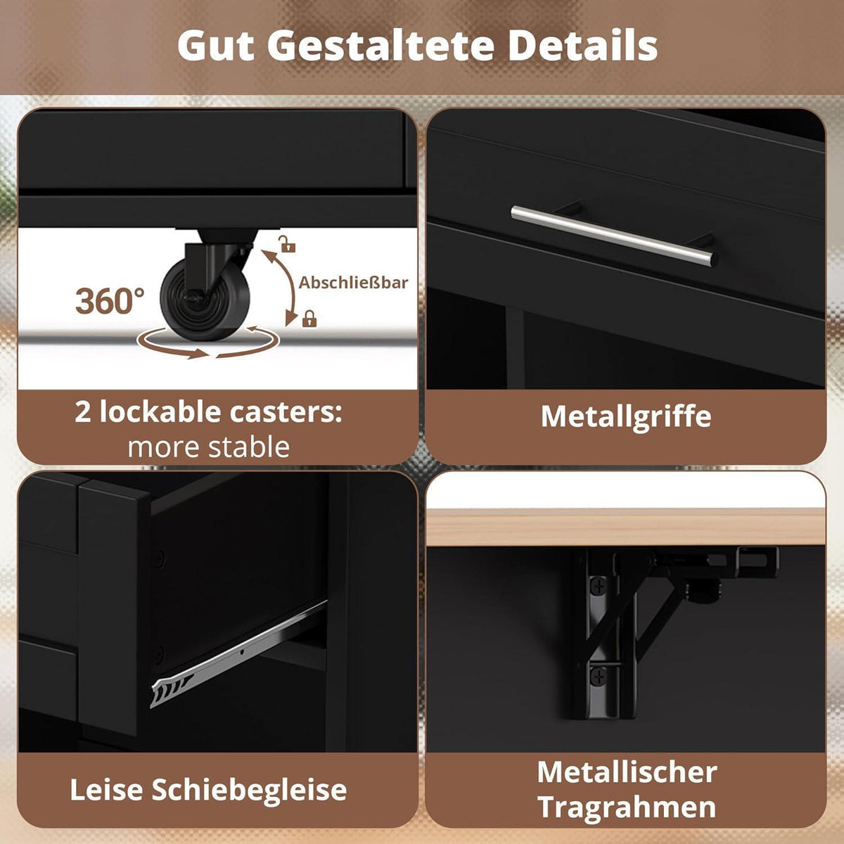 Küchenwagen mit Klappplatte & Weinregal – Schwarz