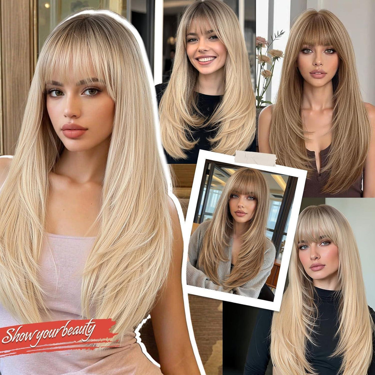 Lange Ombre Blond Perücke mit Pony – 22 Zoll, Hitzebeständig