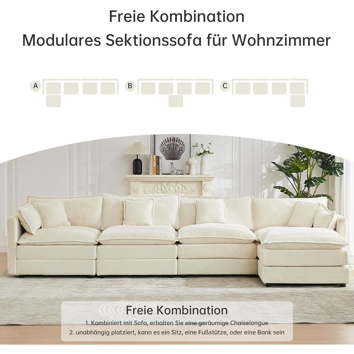 Modulares Ecksofa mit Schlaffunktion – Beige Cord L-Form
