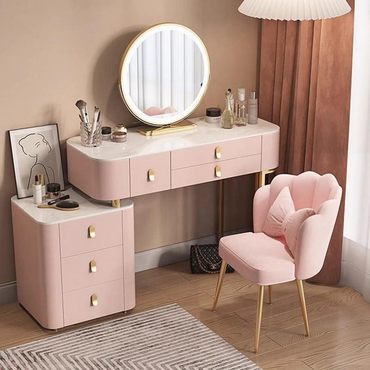 Rosa Schminktisch Set mit Spiegel & Hocker – Schlafzimmer Kommode