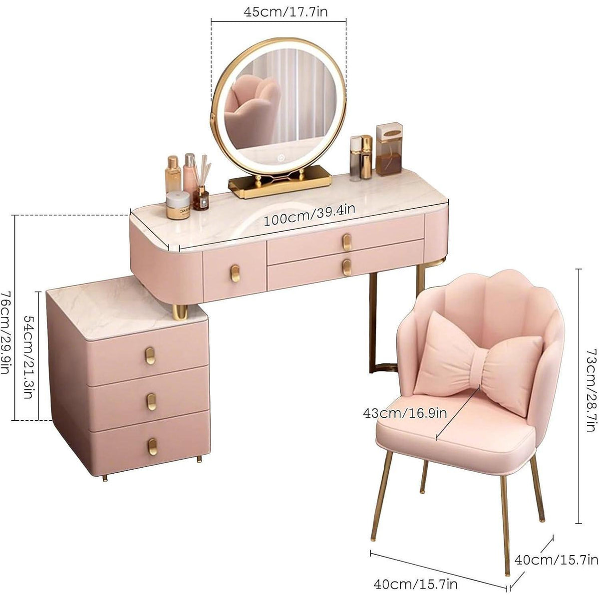 Rosa Schminktisch Set mit Spiegel & Hocker – Schlafzimmer Kommode