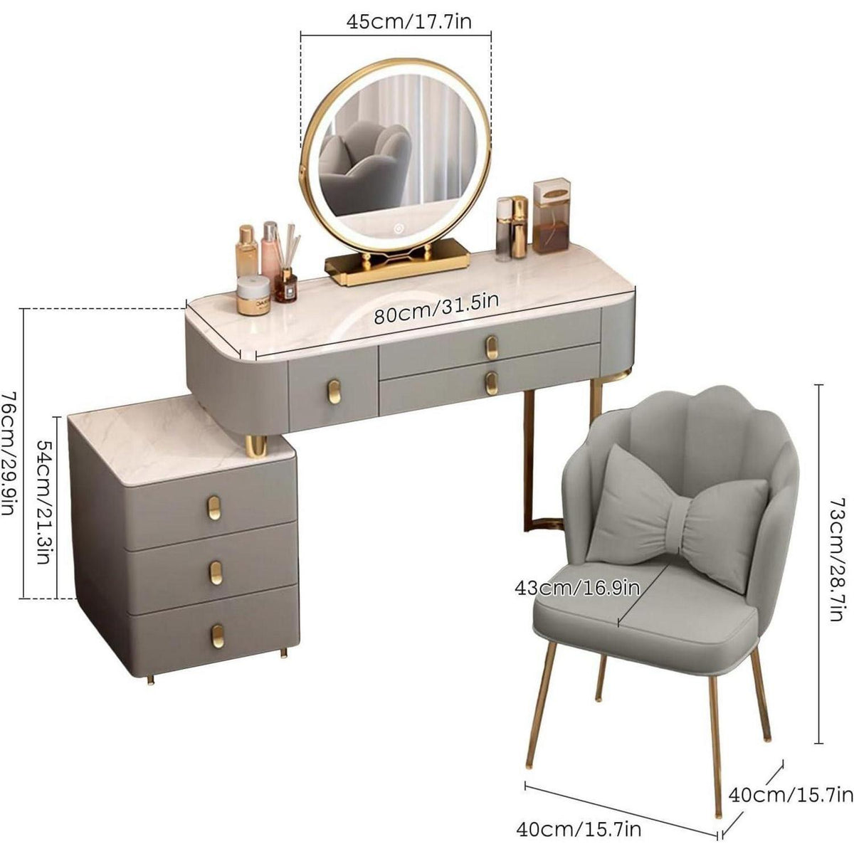 Schminktisch Set mit Spiegel & Stuhl – Grau, 80cm