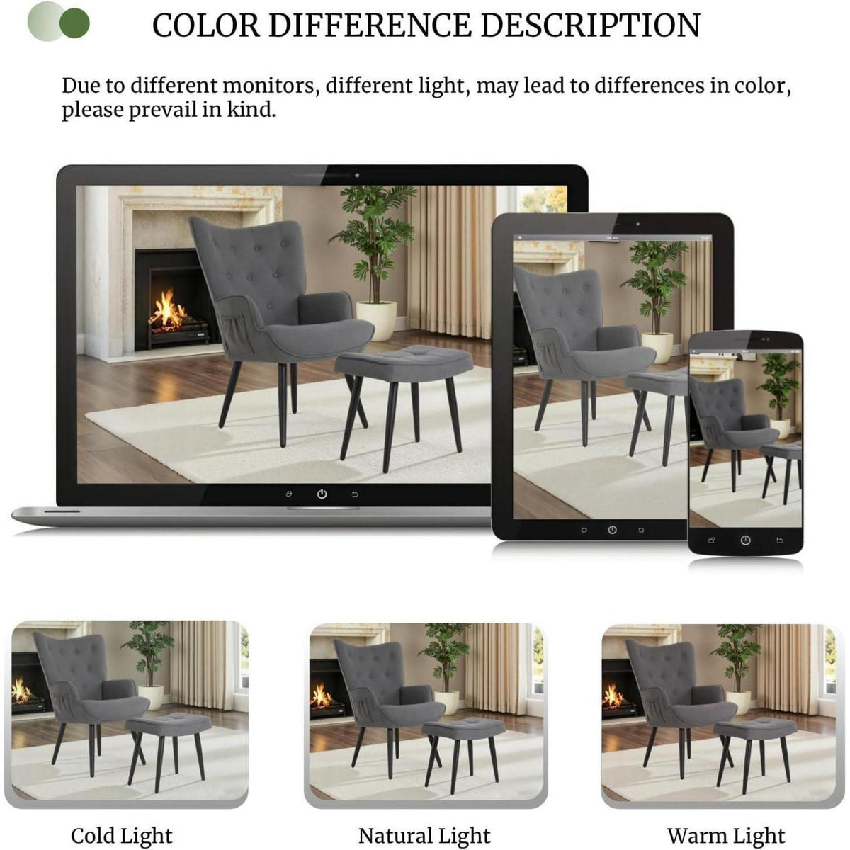 Gemütlicher Ohrensessel mit Hocker – Grau, Chenille & Ablagetasche