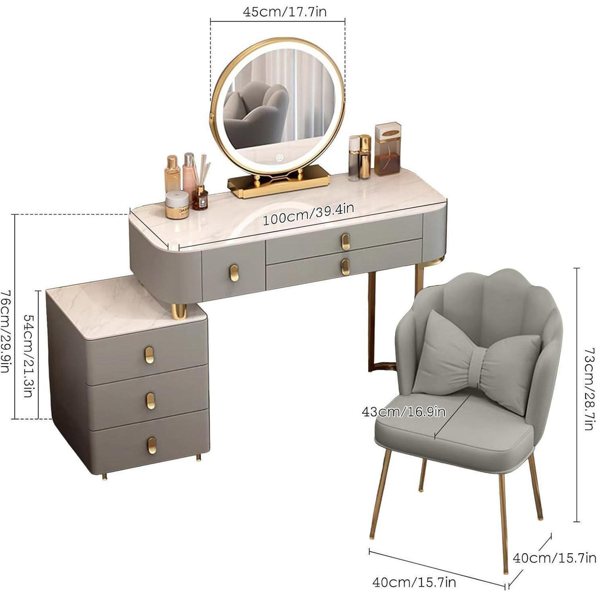 Schminktisch Set mit Spiegel & Stuhl – Grau, 100cm