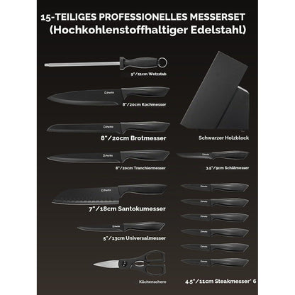 15-teiliges Edelstahl Messerblock Set – Scharf & Antihaftbeschichtet