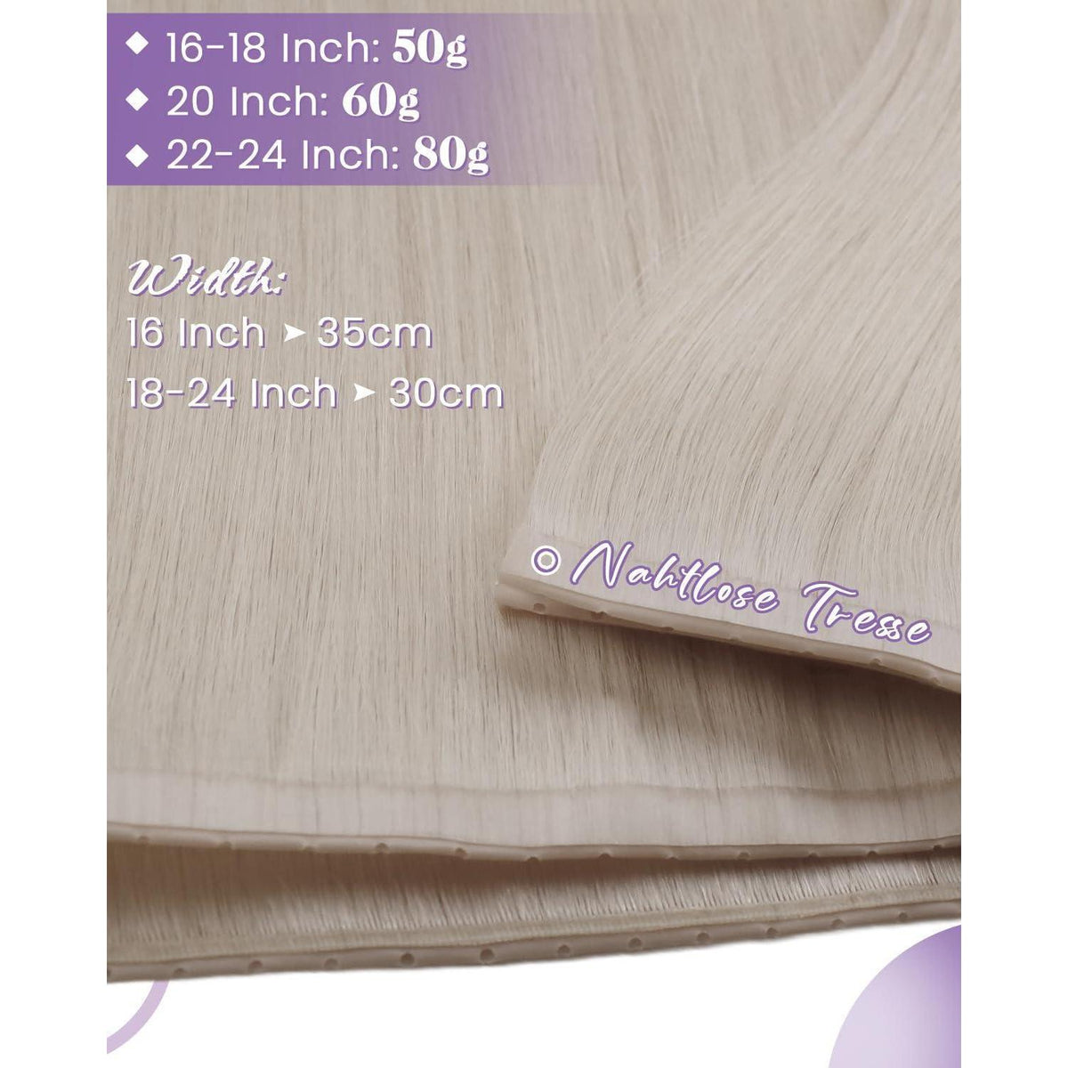 Echthaar Tressen Platinblond, 40cm, 50g, Butterfly Weft