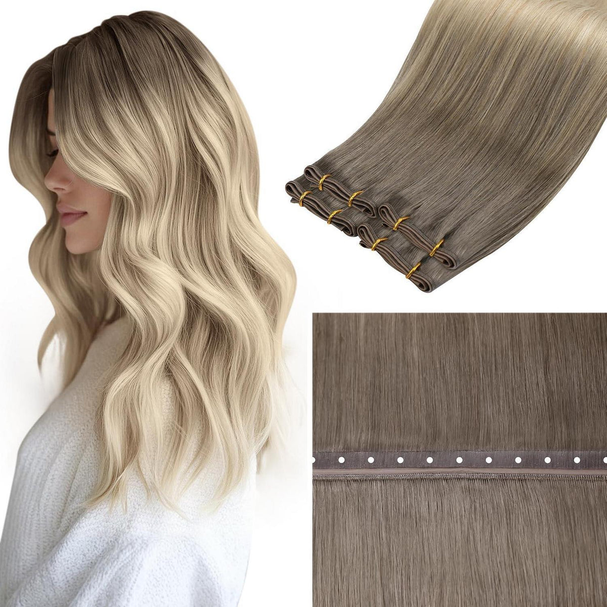 Echthaar Tressen 50cm Ombre Blond Braun Weft Extensions