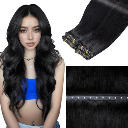 Echthaar Tressen Schwarz – Unsichtbare Weft Extensions 45cm