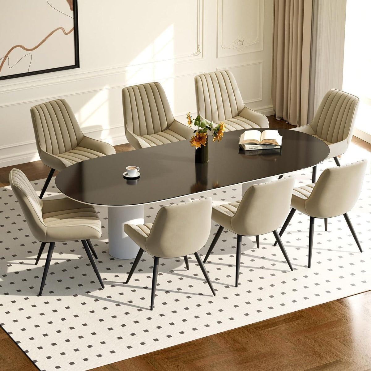 Esszimmerstühle 8er Set | Beige Polsterstühle mit Sitzkissen