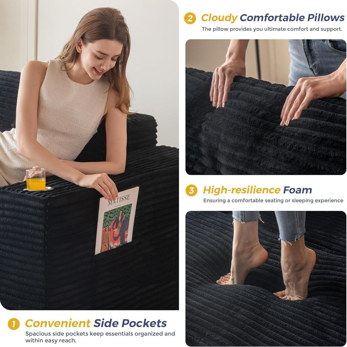 Modulares Sofa mit Chaiselongue – Cloud Couch, L-Form, Schwarz