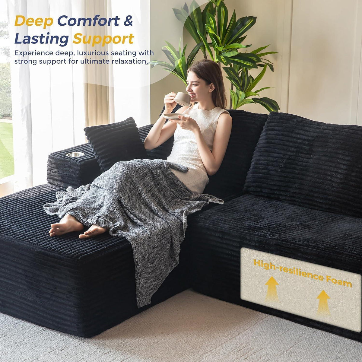 Modulares Sofa mit Chaiselongue – Cloud Couch, L-Form, Schwarz