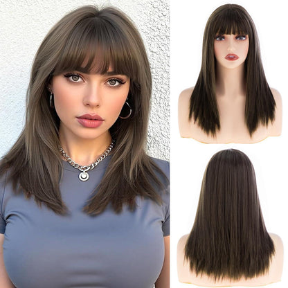 Braune Damen Perücke mit Pony – Schulterlang & Gerade