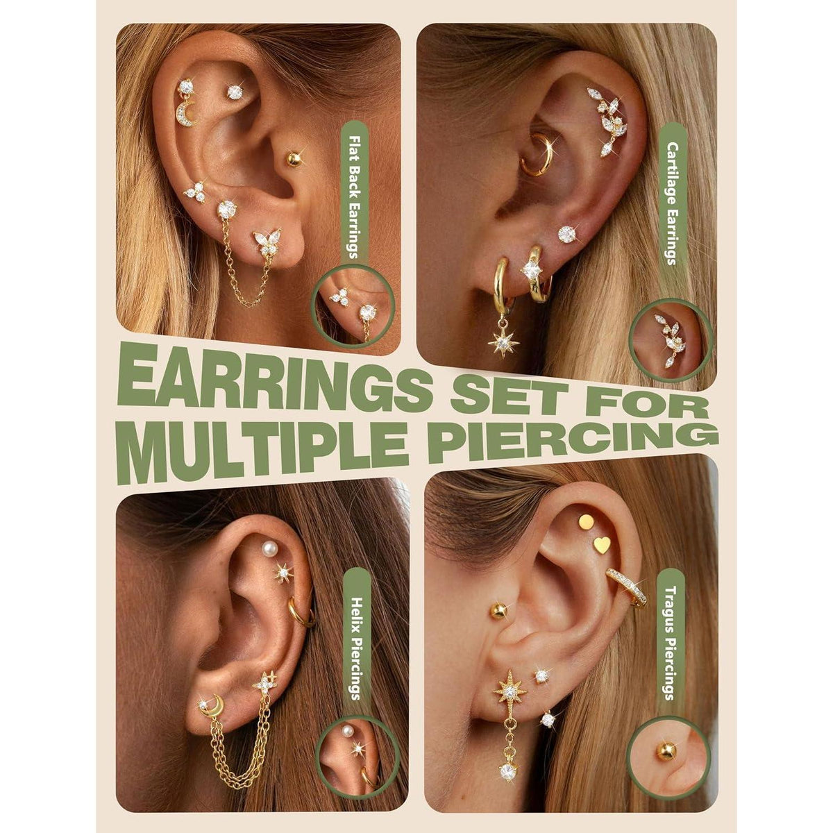 Helix Piercing Set | 21tlg. Ohrringe aus Chirurgenstahl & Gold