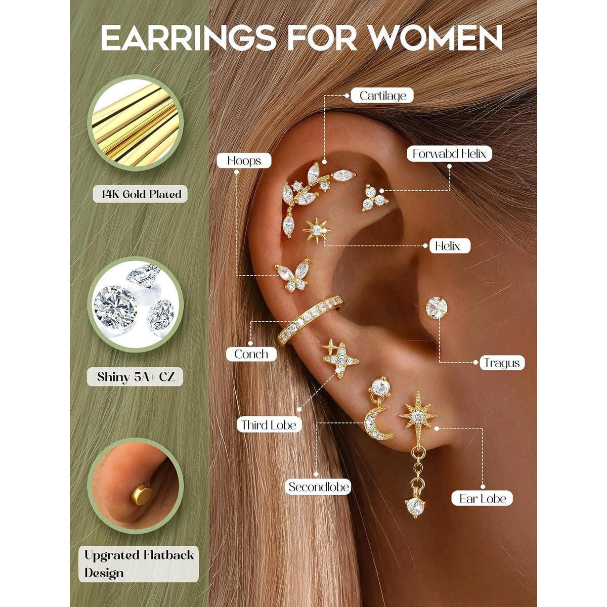 Helix Piercing Set | 21tlg. Ohrringe aus Chirurgenstahl & Gold