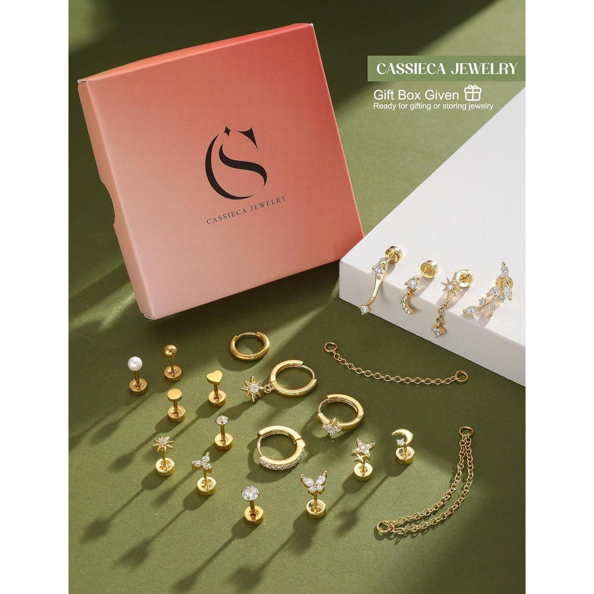 Helix Piercing Set | 21tlg. Ohrringe aus Chirurgenstahl & Gold