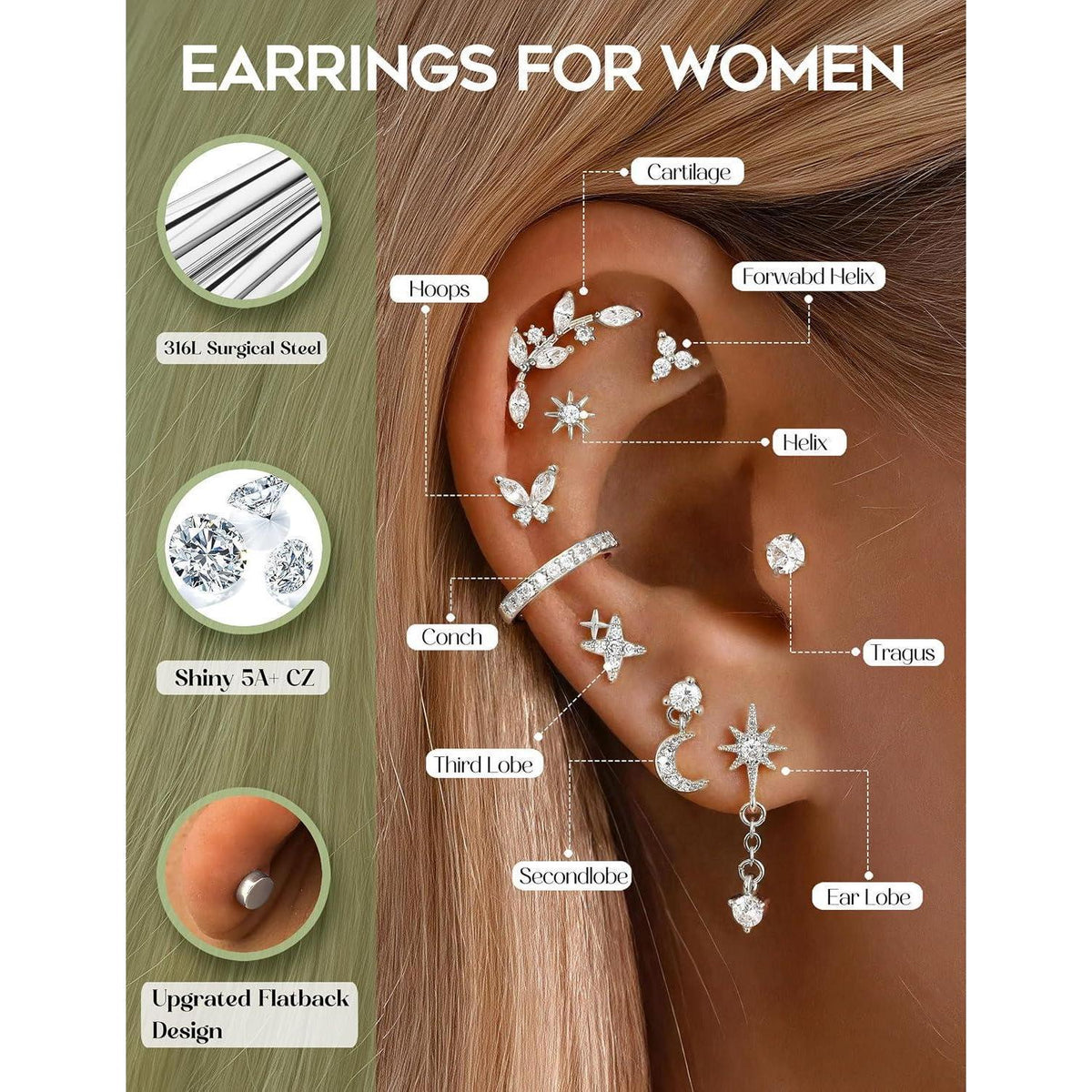 Helix Piercing Set | 21tlg. Ohrringe aus Chirurgenstahl & Gold