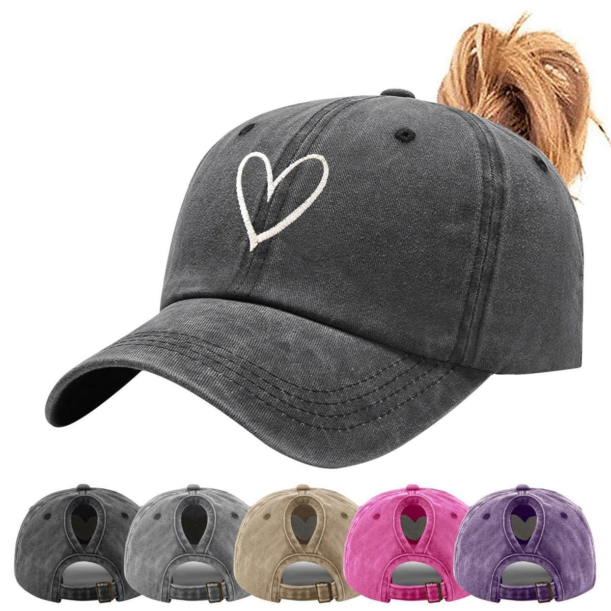 Pferdeschwanz Baseball Cap Herz Stickerei Damen Verstellbar