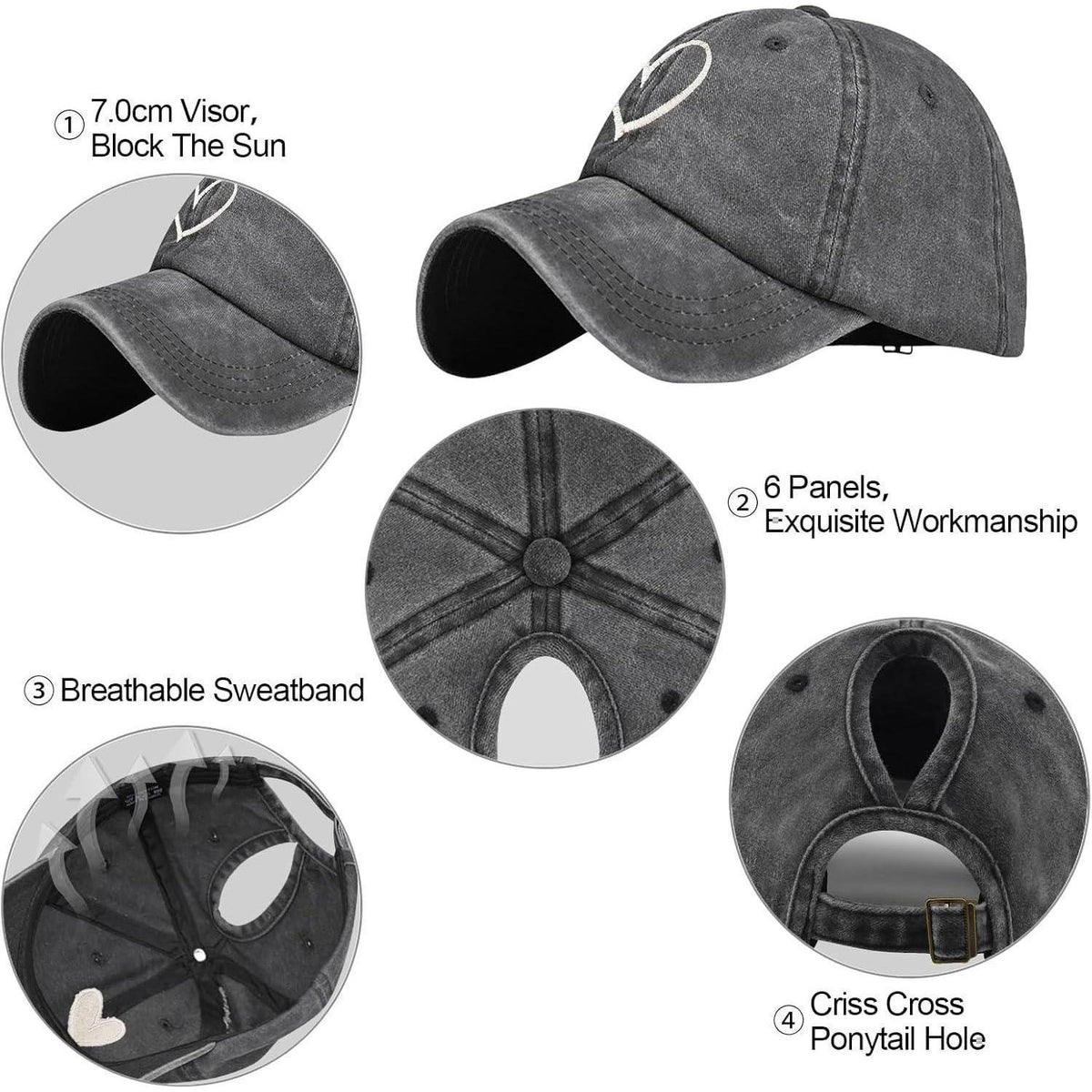Pferdeschwanz Baseball Cap Herz Stickerei Damen Verstellbar