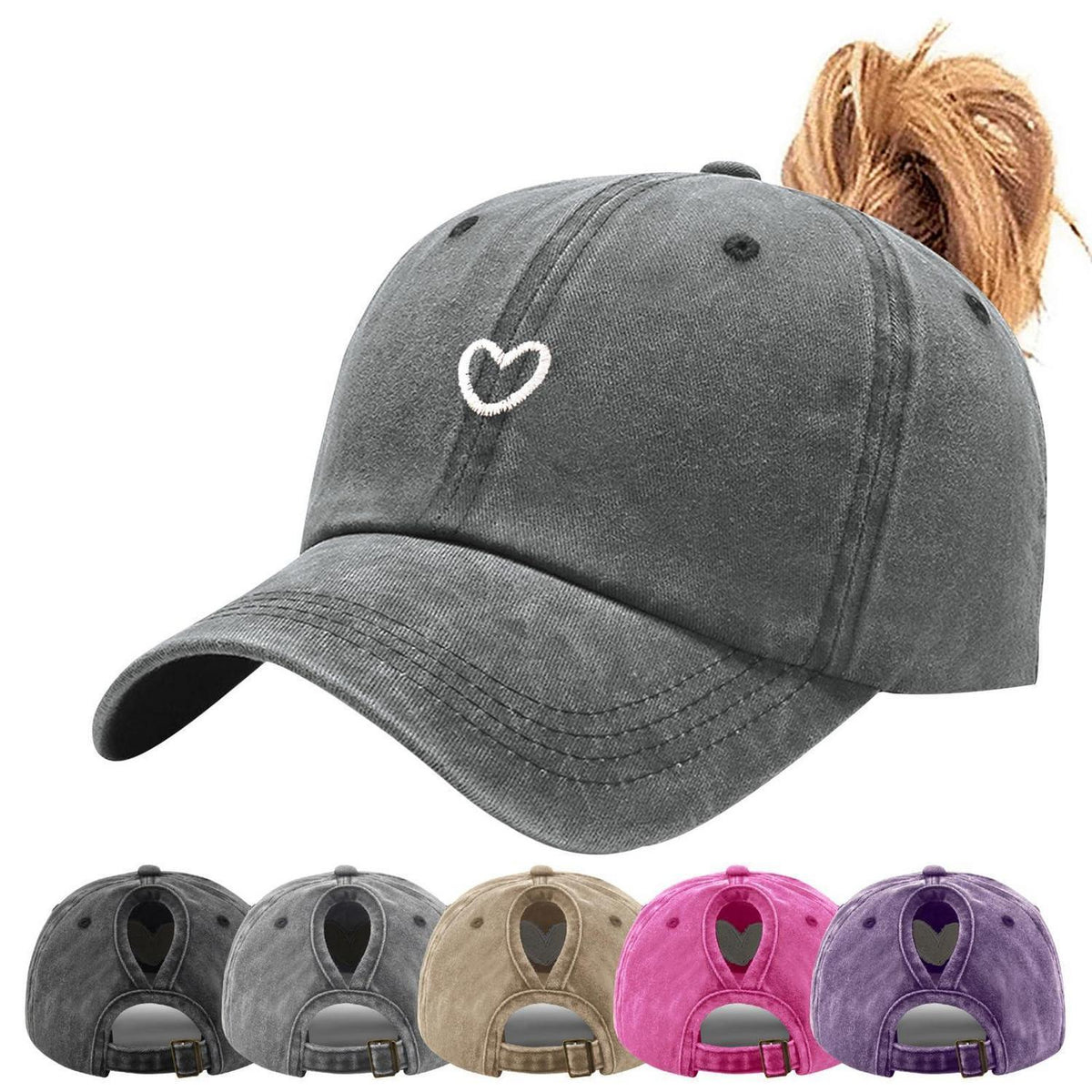 Pferdeschwanz Baseball Cap Herz Stickerei Damen Verstellbar