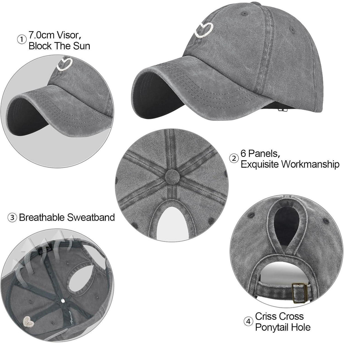 Pferdeschwanz Baseball Cap Herz Stickerei Damen Verstellbar